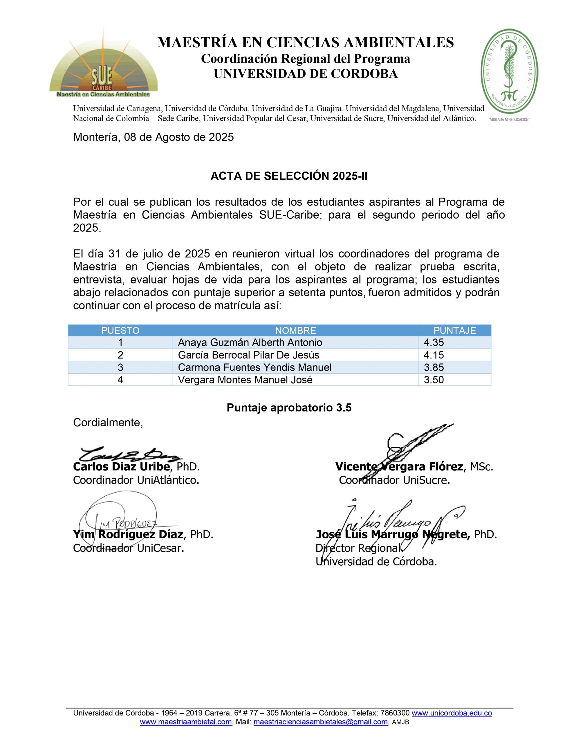 Acta de selección admitidos Maestría en Ciencias Ambientales 2025-II